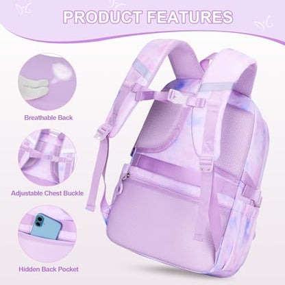 DIGOBAY 3PCS Girls Backpack for School, Kids Backpack for Girls with Lunch Bag Pencil Case, Kids Bookbag Teen Girl Backpacks for Elementary Middle High College School (Purple Tie-dye) 3+ years old - color: Purple Tie-dye