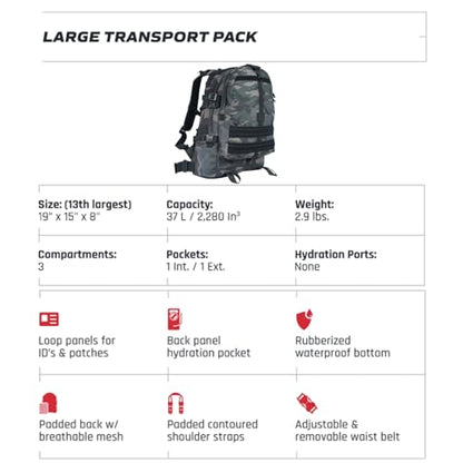 FOX OUTDOOR PRODUCTS Large Transport Pack | 37L Tactical Backpack with Compression Straps, Hydration Pocket & Modular Webbing - color: Midnight Woodland