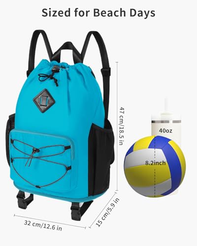 WANDF Drawstring Backpack with Removable Wet Pocket, Sandproof Beach Backpack with Bottom Compression Strap for Beach Mat, Swim Bag for Pool, Gym, Travel and Workout Gear (Teal) - color: Teal