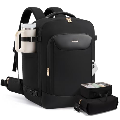 LOVEVOOK 56L Travel Backpack for Women Men with Load-Lifting Waist Belt, Medium Checked Backpack for Airplanes fits 18" Laptop, Waterproof Large Backpack Airline Approved with 2 Packing Cubes - color: Black, size: 56L-3Pcs