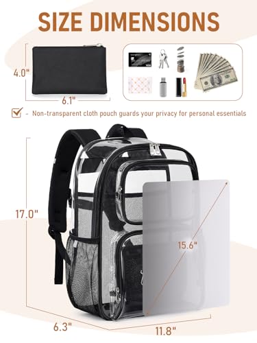 Clear Backpack Heavy Duty for Women Men Boys Girls, Large Clear Bookbag See Through Backpack for School College - color: 5#black+pouch-no Reflective Strips