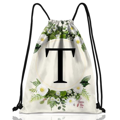Initial Letter Drawstring Backpack String Sports Gym Bags Waterproof Sackpack Cute for Men Women Beach (13"×17") (Letter-T) - color: Letter-t