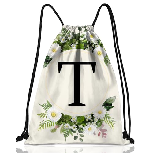 Initial Letter Drawstring Backpack String Sports Gym Bags Waterproof Sackpack Cute for Men Women Beach (13"×17") (Letter-T) - color: Letter-t