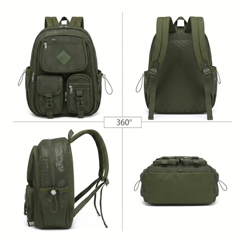 Mesh Backpack for Girls Boys, Women Mesh Bookbags Heavy Duty Semi-Transparent School Bag Net Back Pack for Travel, Beach, Swimming, Work - Army Green - color: Army Green