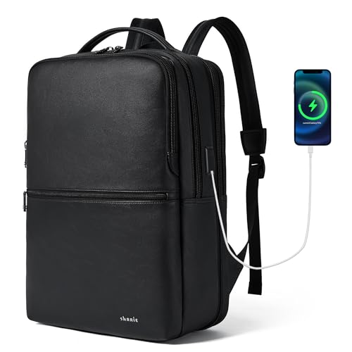 Shrrie Vegan Leather Laptop Backpack for Women&Men,16 Inch Expandable Backpack with USB Charging Port,Two-toned Black - color: Two-toned Black