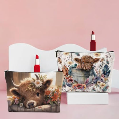 4 PCs Highland Cow Makeup Bag Cow Print Stuff Highland Cow Gifts Cosmetic Bag, Western Gifts for Women Scottish Girls Best Friends Coworkers, Cute Cow Stuff Christmas birthday Gifts Zipper Pouch - color: highland cow makeup bag