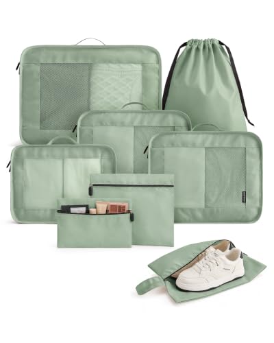 LIGHT FLIGHT 8 Set Packing Cubes for Travel, Durable Travel Essentials for Cruish Ship, Suitcase Organizer Packing Bags (8-Pack 1L+2M+1S+1Shoe bag+2Toiletry Bags+1Laundry Bag) - color: Forest Green
