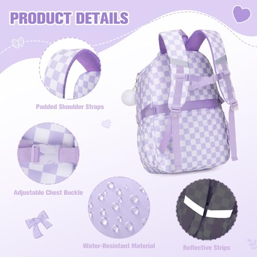 Bevalsa Backpack for Girls 3PCS Teen Girls Backpack for School with Lunch Bag Pencil Case Purple Cute Kids Laptop Backpacks Bookbag for Elementary Middle High School College Student (Checkerboard) - color: Purple Checkerboard