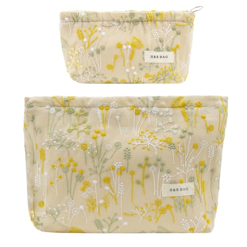 getgto 2 Pcs Makeup Bags, Large Cosmetic Bag Travel Toiletry Bag Organizer for Women, Embroidery Craft, Floral Makeup Bag Small Cosmetic Pouch Purse with Zipper Gifts for Girls Teen - color: Yellow