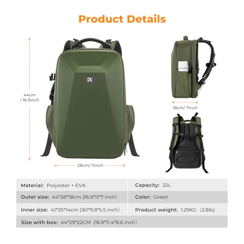 K&F CONCEPT Camera Backpack,Hardshell Photography DSLR Camera Bag with 15-15.6 Inch Laptop Compartment Hard Shell Camera Case Compatible with Canon/Nikon/Sony/DJI Mavic Drone - color: Green