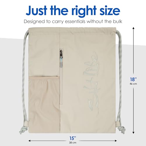 Salt Life Drawstring Backpack for Men and Women - Small Draw String Cinch Gym Bag with Water Bottle Pocket and Zipper Pocket - color: Beige