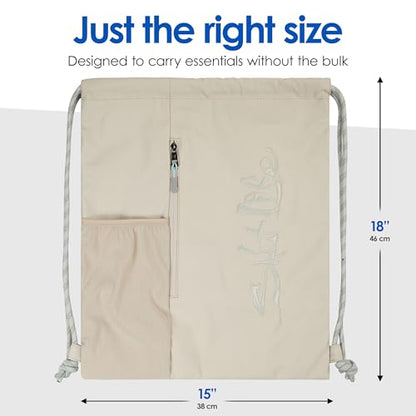 Salt Life Drawstring Backpack for Men and Women - Small Draw String Cinch Gym Bag with Water Bottle Pocket and Zipper Pocket - color: Beige