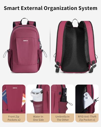 ECOHUB Mini Anti-Theft RFID Backpack for Women and Men, Water-Resistant, Lightweight Travel Daypack with iPad Sleeve, Key Holder, 9 Pockets, Gifting, Red - color: Red
