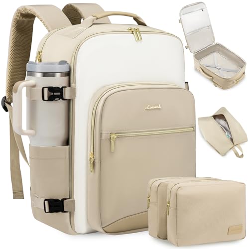 LOVEVOOK 50L Large Travel Backpack for Women & Men, Carry On Airline Approved, Waterproof Travel Essentials Fits 18" Laptop, TSA Personal Item Travel Bag Sports Backpack with 3 Packing Cubes - color: Khaki-beige, size: 18.5 Inch-50L-4Pcs