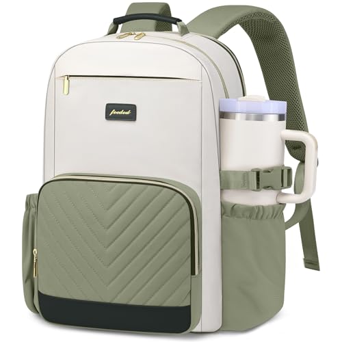 Laptop Backpack for Women Bookbag: 15.6 inch Work School Backpacks with Pouch Pocket for Large Capacity Cup & USB Charger College Book Bag Travel Business Nurse Teacher Bookbags Anti-theft Back Pack - color: Green Beige, size: 15.6 inch