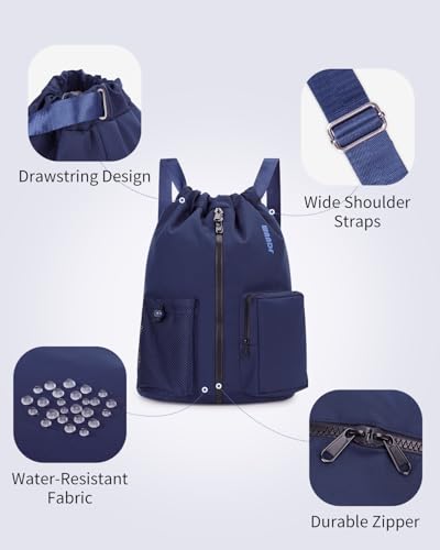 WANDF Drawstring Backpack Sports Gym Bag with Shoes Compartment, Water-Resistant String Beach Sackpack Swim Bag for Women and Men (Navy Blue) - color: Navy Blue