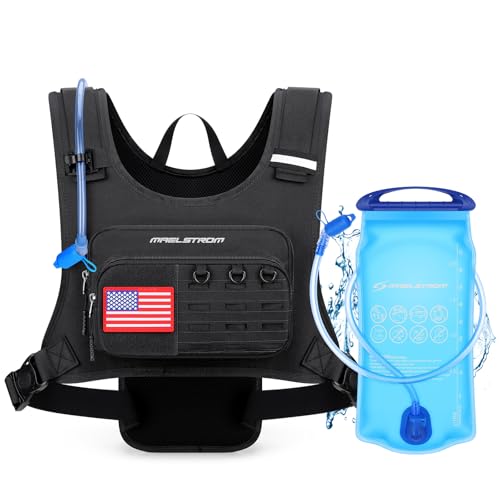 Maelstrom Hydration Vest with 2L Water Bladder Backpack for Running Hiking | Chest Pack, BPA-free, High Flow Bite, Reflective Stripe, Helmet Buckle, Detachable, Breathable Pad, for Cycling, Marathon - color: Black