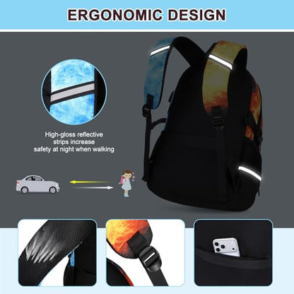 Scothen 3PCS Boys Backpack Set, Cool Backpack for Boys with Lunch Bag & Pencil Case, Kids School Bag Teen Boy Bookbag for Kindergarten Elementary Middle School with USB Charging Port - color: Red & Blue Flame