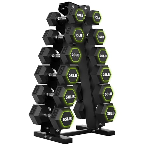 HANDBODE Rubber Coated Hex Dumbbell Set with A-Frame Rack, 100 lb - 600 lb Multiple Options Weight, Hexagon Non-Rolling Shape, Ergonomic Knurled Handle, Home Gym Equipment for Strength Training - style: 270 lb Set (Pair of 10, 15, 20, 25, 30, 35 lb) & Rac