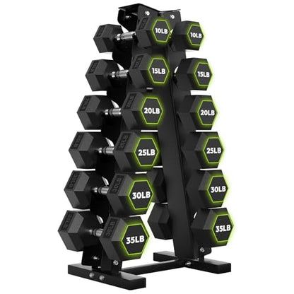 HANDBODE Rubber Coated Hex Dumbbell Set with A-Frame Rack, 100 lb - 600 lb Multiple Options Weight, Hexagon Non-Rolling Shape, Ergonomic Knurled Handle, Home Gym Equipment for Strength Training - style: 270 lb Set (Pair of 10, 15, 20, 25, 30, 35 lb) & Rac