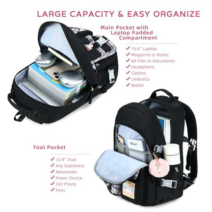 Backpack for Girls, 15.6 Inch Laptop School Bag Kids Kindergarten Elementary College Backpacks Large Bookbags for Teen Girl Women Students Casual Travel Daypacks (Black) - color: Black