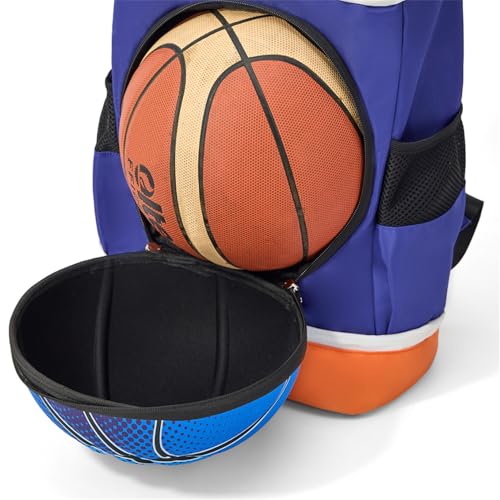 Soccer Backpack with Ball Holder on Outside, Football Volleyball Basketball Backpack with Shoe Compartment and Ball Holder - color: Basketball orange blue