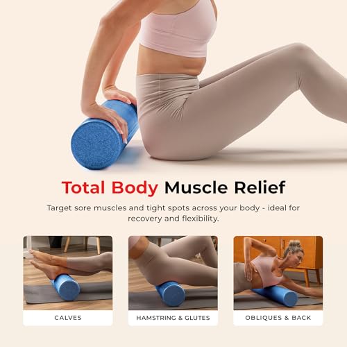 Sunny Health & Fitness High-Density Foam Roller 12" to 36", for Stretching & Muscle Recovery – Black, Blue, Pink - color: Blue, size: 36-Inch