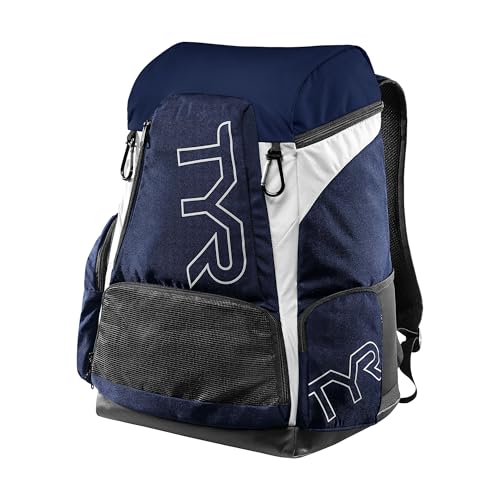Alliance Backpack TYR Wet/Dry Athletic Gym and Pool Bag for Men and Women - Separate Wet/Dry Compartments, 45L Capacity, Ergonomic, Water-Resistant - Available in Team Colors - color: White/Navy, size: 45 Liter