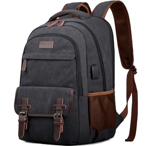 Mactso Canvas Travel Laptop Backpack for Men Women, Business Work Rucksack College Computer Bag Fits 17.3 Inch Notebook,Bookbag with USB Charging Port (Black, 17.3 Inch) - color: Black, size: 17.3 Inch