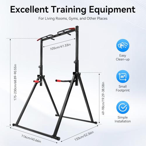 Freestanding Pull Up Bar, Adjustable Height Dip Station, Carbon Steel Power Tower, Parallel Bars, 440lbs Capacity, PVC Grip, Foldable, for Home Gym, Calisthenics, Strength Training