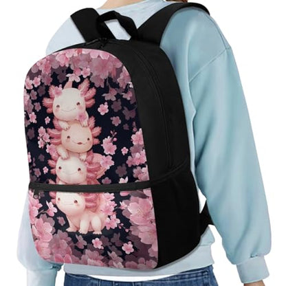 Backpack for Boys Girls Axolotl Cherry Blossom Backpacks 3 Pack Elementary School Bag with Reusable Lunch Bag Pencil Case Set Preschool Kindergarten Toddler - color: Axolotl Cherry Blossom