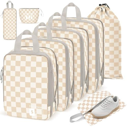 8 Set Compression Packing Cubes Travel, Lightweight Durable Packing Compression Cubes, Accessories Bags Packing Cubes for Travel Luggage Organizer (Khaki Checkered) - color: 8 Set Khaki Checkered