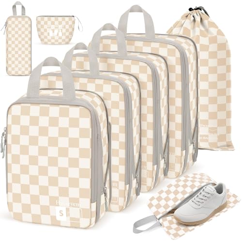 8 Set Compression Packing Cubes Travel, Lightweight Durable Packing Compression Cubes, Accessories Bags Packing Cubes for Travel Luggage Organizer (Khaki Checkered) - color: 8 Set Khaki Checkered