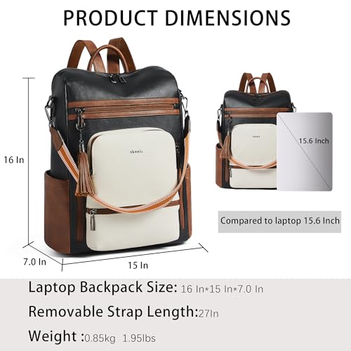 Shrrie Vegan Leather Laptop Backpack for Women 15.6 inch Work Backpack Fashion Travel Backpack Purse for Business College - color: Black With Brown and White