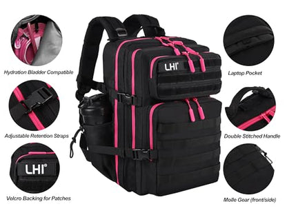 LHI Military Tactical Backpack for Men and Women 45L Army 3 Days Assault Pack Bag Large Rucksack with Molle System - Black with red zipper - color: 1.0 Black With Red Zipper
