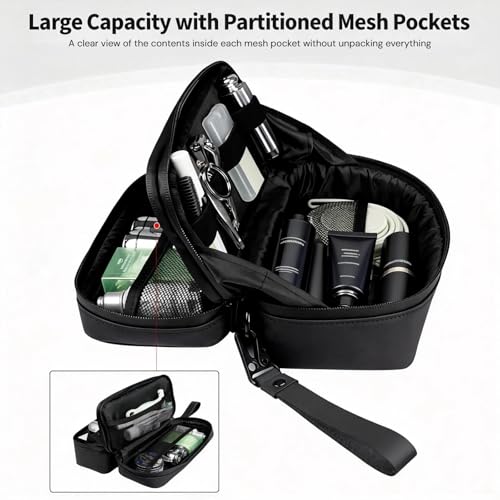 T-carbon Carbon Fiber Hard Shell Toiletry Bag for Men, Waterproof Hanging Dopp Kit with Dual Pockets, Lightweight Travel Shaving Grooming Organizer for Business Trips, Black