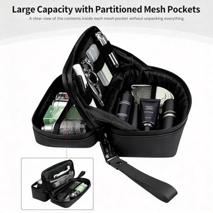 T-carbon Carbon Fiber Hard Shell Toiletry Bag for Men, Waterproof Hanging Dopp Kit with Dual Pockets, Lightweight Travel Shaving Grooming Organizer for Business Trips, Black