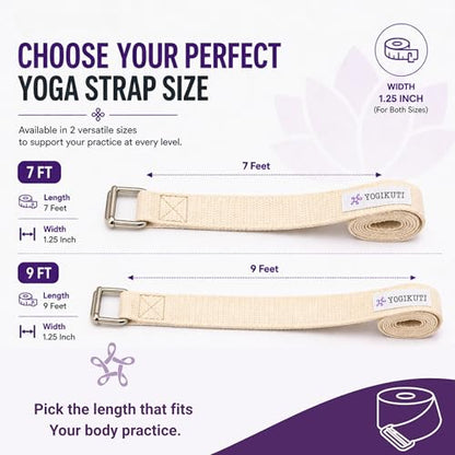 Yogikuti Premium Cotton Yoga Strap | Adjustable Yoga Belt for Stretching, Flexibility, Balance & Alignment | Yoga Accessories for Beginners, Pilates, Meditation, Exercise, Fitness & Physical Therapy - size: 9ft(3mtr)