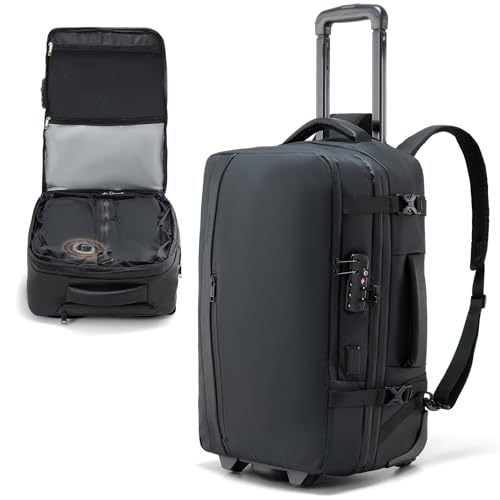 Fanwoli Rolling Vacuum Backpack Travel with One-Button Compression, Expandable Carry-On Suitcase Luggage, Approved TSA Lock & Water-Proof Laptop Compartment for Outdoor/Family/Business Trips - color: Black