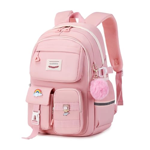 MUSEVOS Kawaii Girls Backpack for School, Cute Teenage Multiple Pockets Backpack, Fashion Bookbag for Primary Elementary High School, Pink - color: Pink