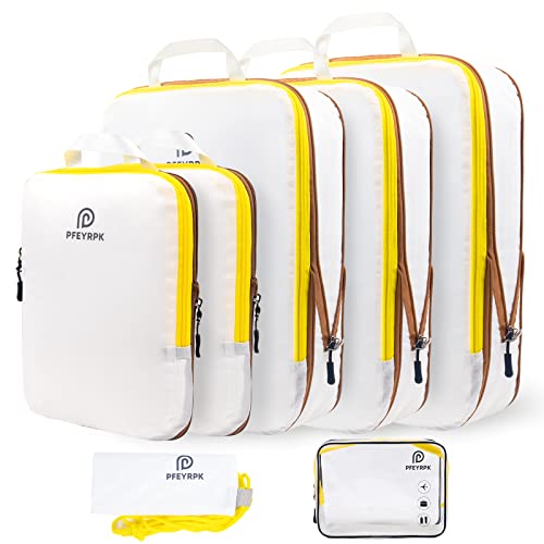 PFEYRPK Lightweight Compression Packing Cubes for Suitcases, Compressible Expandable Travel Packing Organizer with Clear Toiletries and Backpack Bag, Travel Essentials for Carry on Luggage 7 Set - color: White/Yellow, size: 7 Set