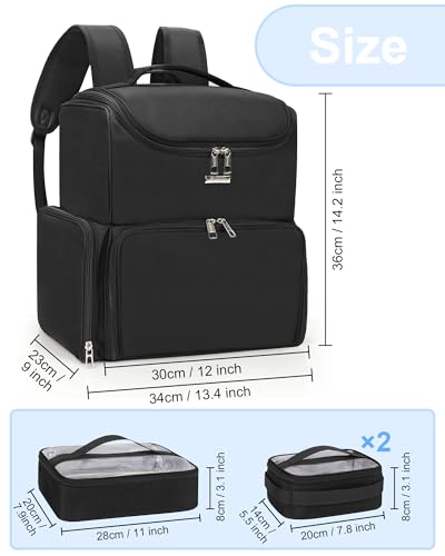Relavel Makeup Backpack Large Makeup Bag with 3 Clear Set Bags, Dual Layer Professional Cosmetic Organizer Travel Train Case Makeup Artist Kit with Adjustable Dividers & Easy to Clean Lining, Black - color: Black, size: Large