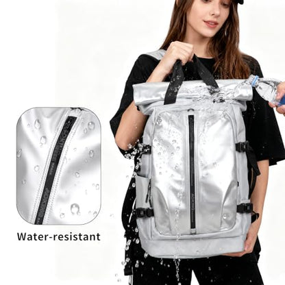 Rolltop Backpack, Travel Rucksack for Men Women, Anti Theft Backpacks with 15.6-inch Laptop Compartment, Waterproof Casual Daypack for Work, Business, Commuter and College - color: Light Grey