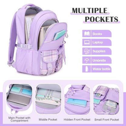 DIGOBAY Backpacks for Girls - 3PCS Girls Backpack with Lunch Box & Pencil Pouch Plaid School Backpacks for Elementary Middle High College School Bookbag for Teen Girl Kids Students Purple - color: Purpleplaid