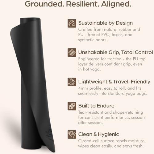 ORW Non Slip Hot Yoga Mat with Carrying Strap - Grip Surface & Natural Rubber Base, REACH Tested, Home & Studio Practice - color: Black PU Rubber Mat 72x26