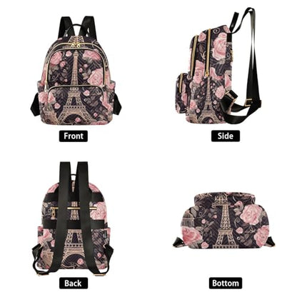 Paris Flowers Eiffel Tower Mini Backpack for Women Quilted Small Backpack Purse Causal Daypack for Travel, S - size: Small
