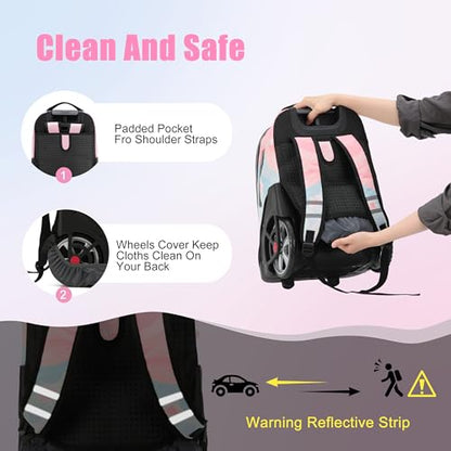 NEW TILAMI 19 inch Rolling Backpack Teens Rolling Backpack Cute Wheeled Laptop Backpack Bookbag Roller Travel Bag College,Pink - color: Pink