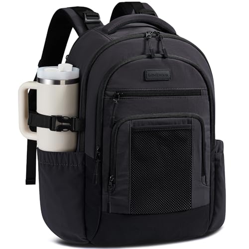 LOVEVOOK Laptop Backpack for Women with Large Cup Holder,17.3 Inch Work Computer Bag with Chest Buckle Back Pad Shoulder Buckle,Waterproof Business Backpack College Teacher Bag for Gift Travel - color: Black, size: 17.3 Inch