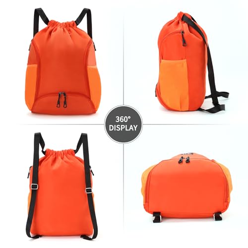 Valleycomfy Sports Gym Bag Drawstring Backpack with Shoes Basketball Bag and Two Water Bottle Holder,Orange - color: Orange