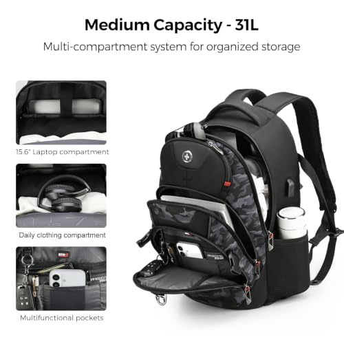 Swissdigital Design Laptop Backpack for Men with USB Charging Port SD803-91 - color: Gray Camo